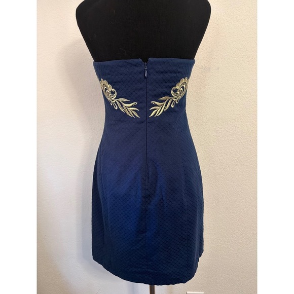 Lilly Pulitzer Navy Blue Strapless Gold Embroidered Cocktail Dress Size 6 - Picture 9 of 10
